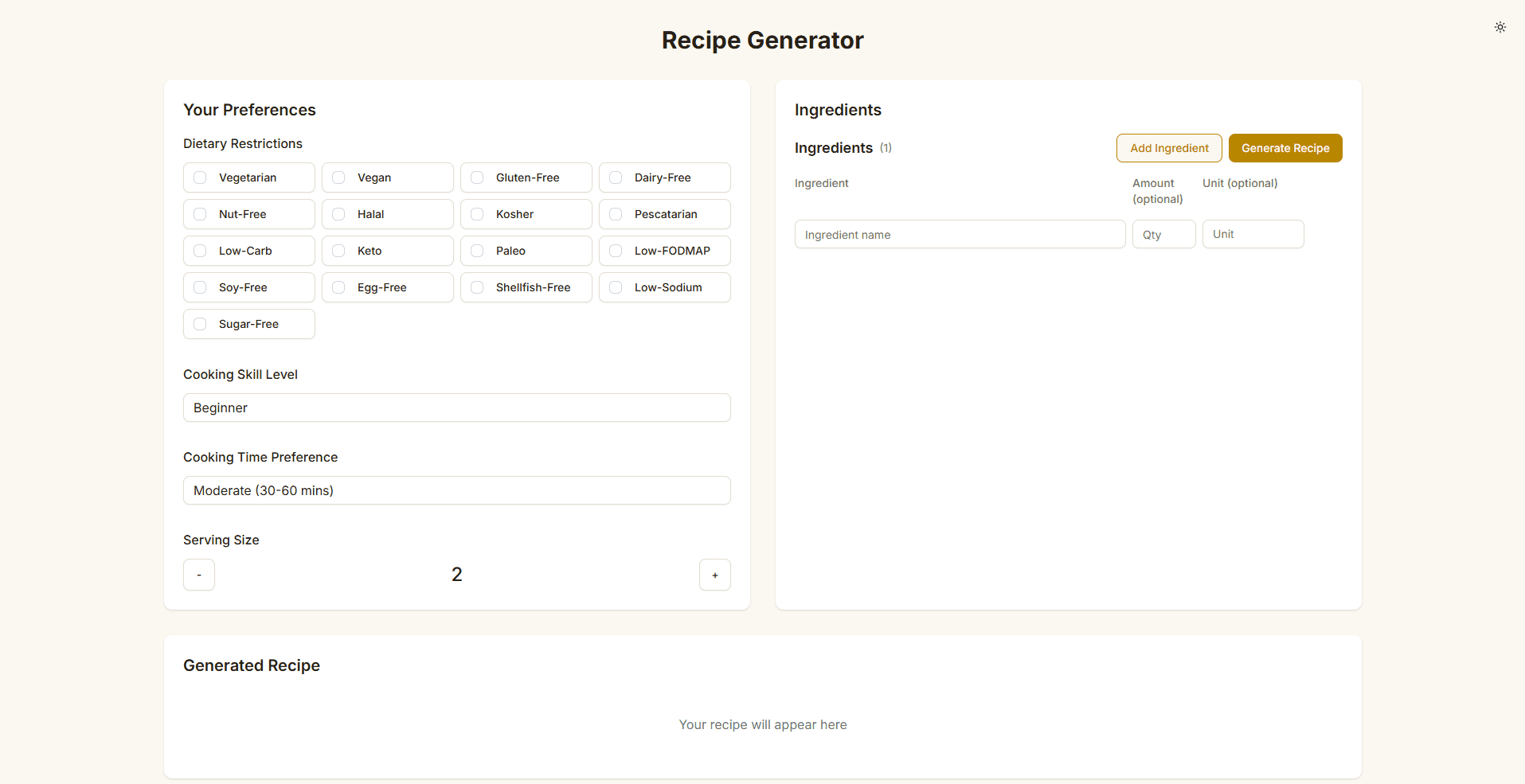 Recipe Generator main interface