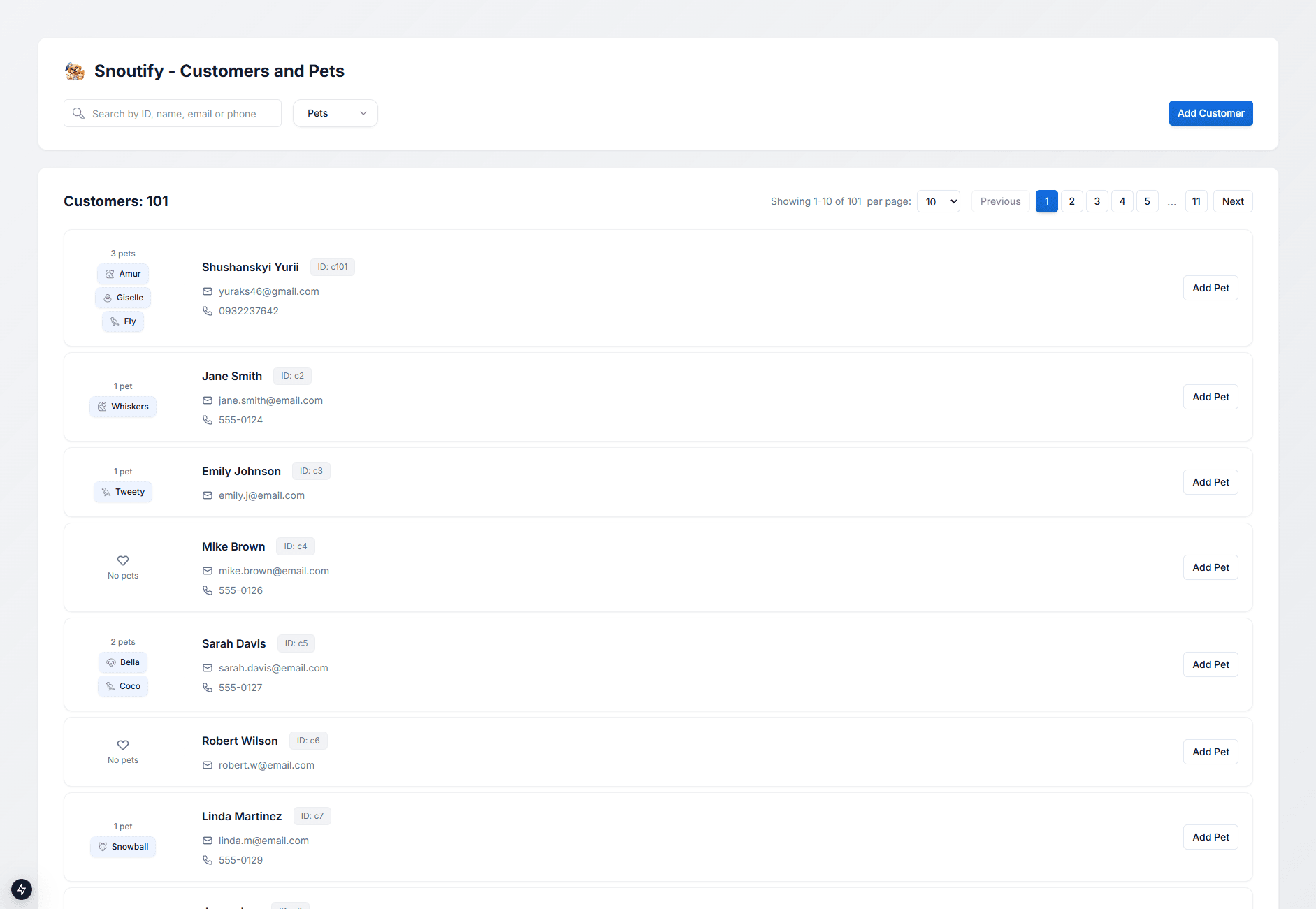 Snoutify - Customer and Pet Management interface