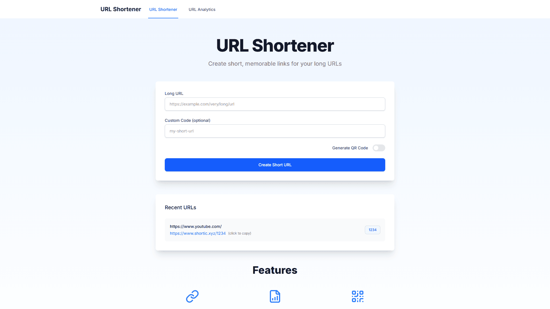 URL Shortener main interface